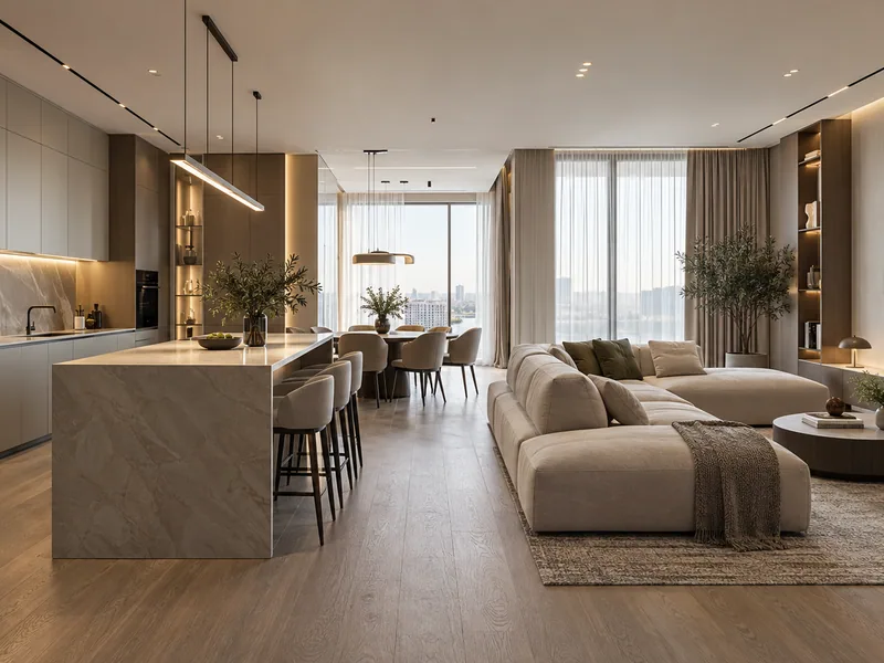 Главный вид завершённого интерьера семейной квартиры в ЖК Aria Residence