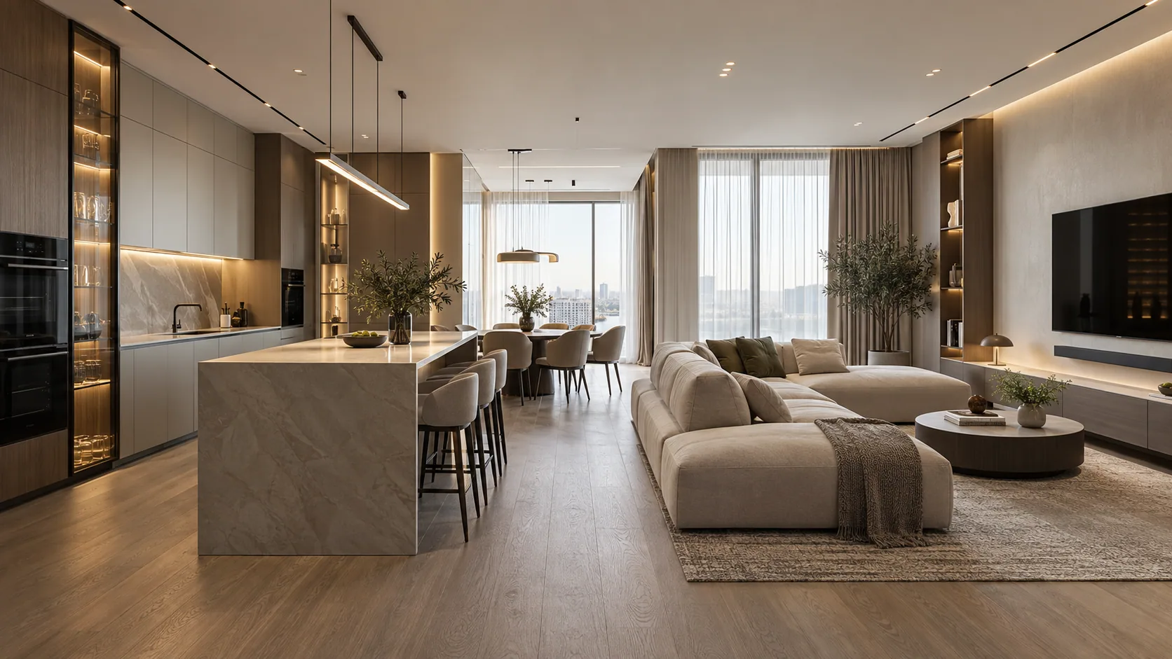 Главный вид завершённого интерьера семейной квартиры в ЖК Aria Residence